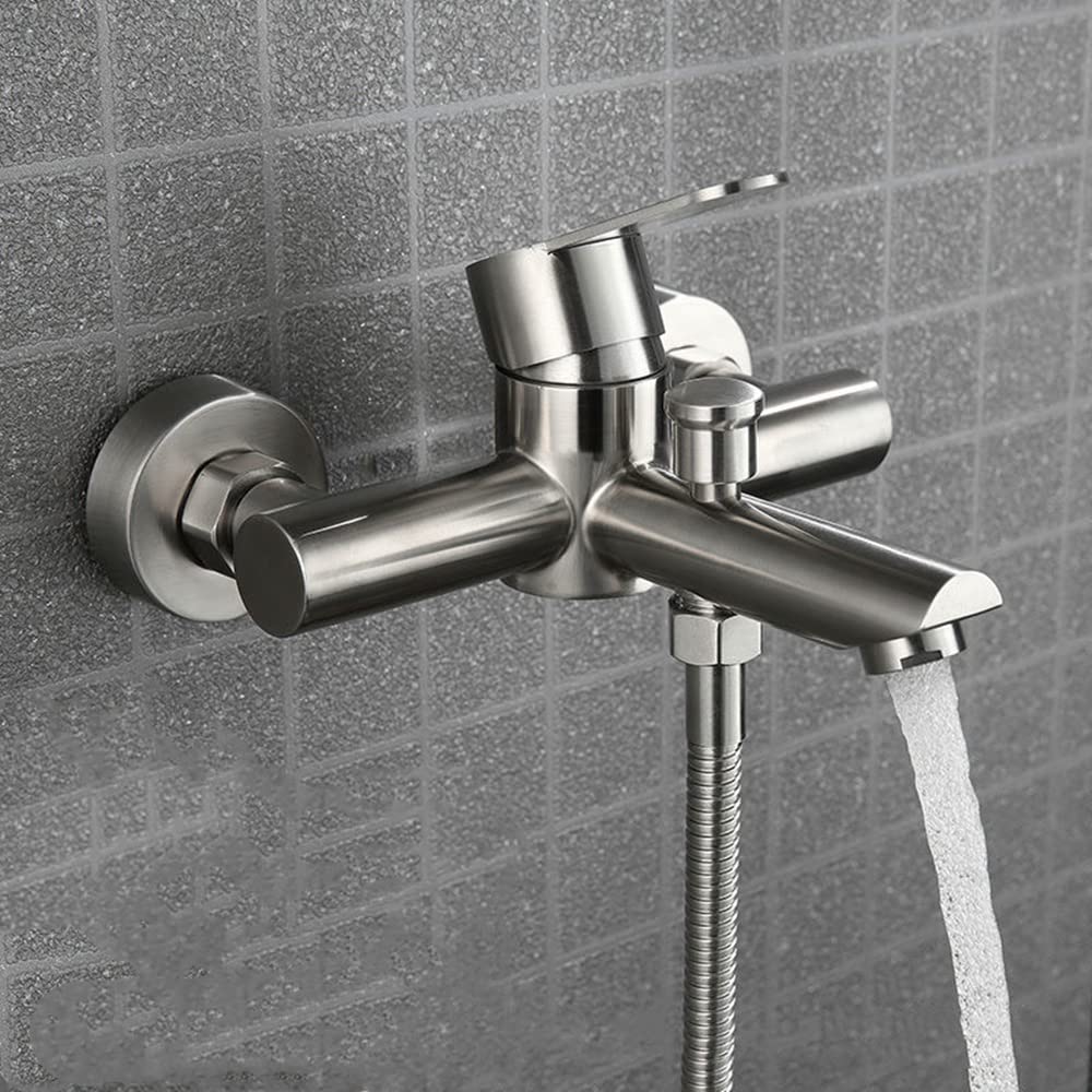 SUS 304 Stainless Steel Wall Mounted Tub Faucet Shower Mixer High Flow Bathroom Sink Faucets, Two Spout, Single Handle - Image 2