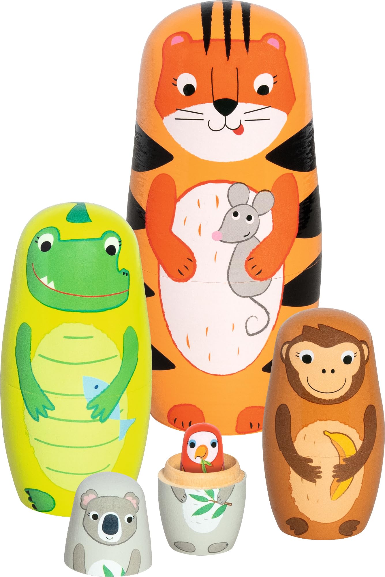 Matroschka Puppen, Tiger Tavi und seine Freunde: Tiger: Höhe: 14,5 cm, Ø 6,5 cm, Holz, 5 Figuren, per Set