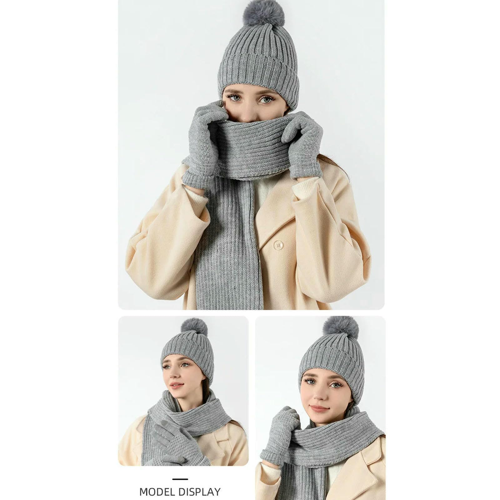 Mütze,Schal & Handschuh-Sets Dreiteiliges Set Aus Einfarbiger Strickmütze, Schal Und Handschuhen Für Damen Herren, Warm Den Winter, Wollanzug-x