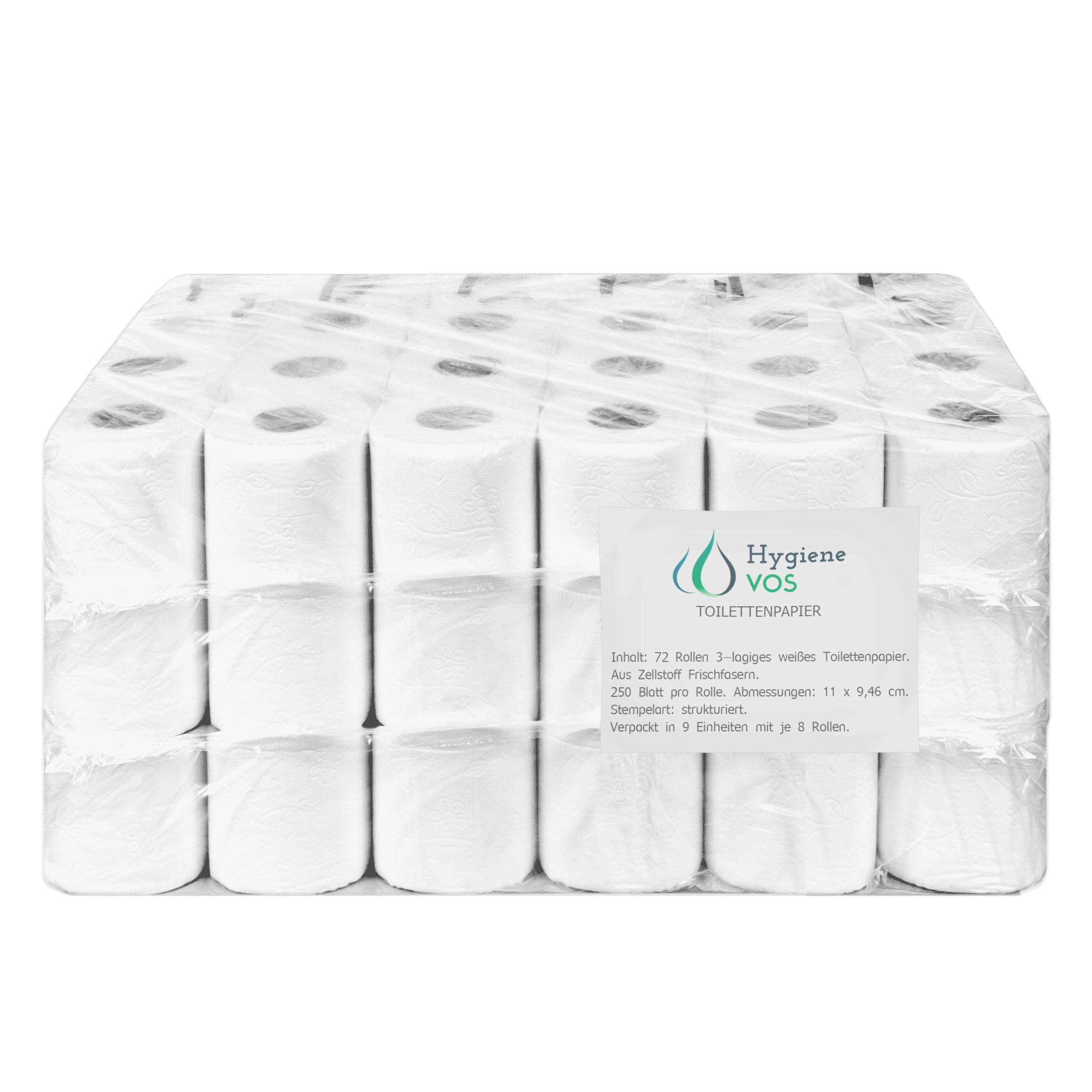 Hygiene VOS Toilettenpapier 3-lagig – 72 Rollen – Zellstoff aus Frischfasern – 250 Blatt pro Rolle – Weiß – Weich & reißfest – Großpackung für Haushalt & Gewerbe