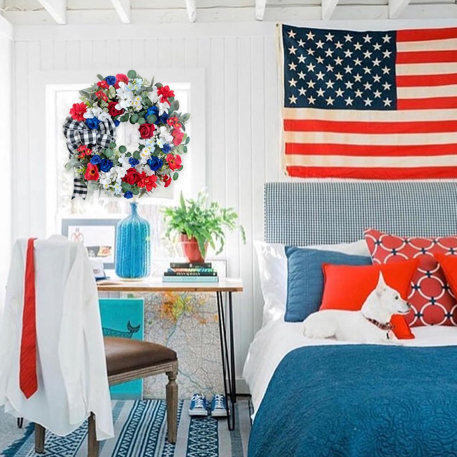 idyllic 22 Inch Patriotic Wreath 4th of July Wreaths for Front Door Red White and Blue Wreath Artificial Roses Hydrangea and Plaid Bow for Memorial Independence Day Spring Indoor Outdoor Decorations