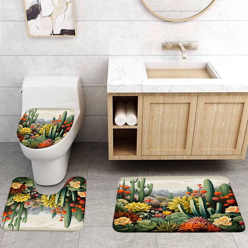 Cactus 3 Pcs Bath Rugs Set,Tropical Succulent Plant Desert Cacti Boho Floral Botanical Mountain Modern Bathroom Kitchen Rug with 16