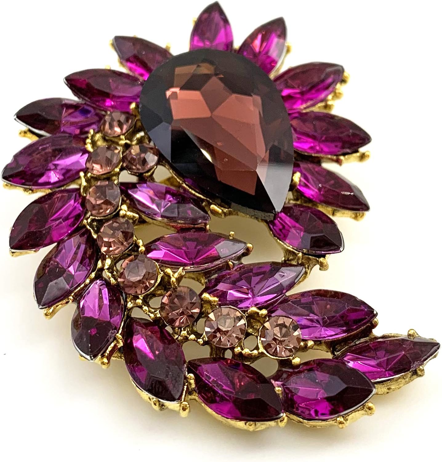 SELOVO Marquise Shape Rhinestone Red Leaf Costume Brooch Pin Jewelry Antiqued Gold Tone - Image 3