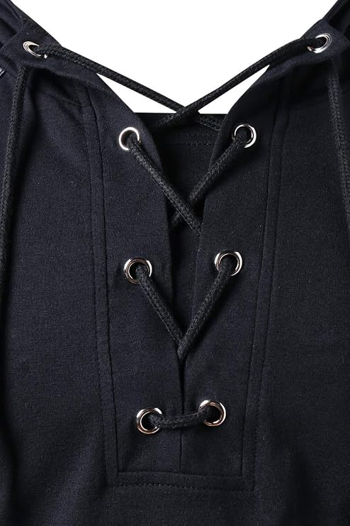 Men Gothic Hoodie Steampunk Drawcord Lace up Pullover Hooded Medieval Knight Long Sleeve Sweatshirt Renaissance Costume Blouse Tops