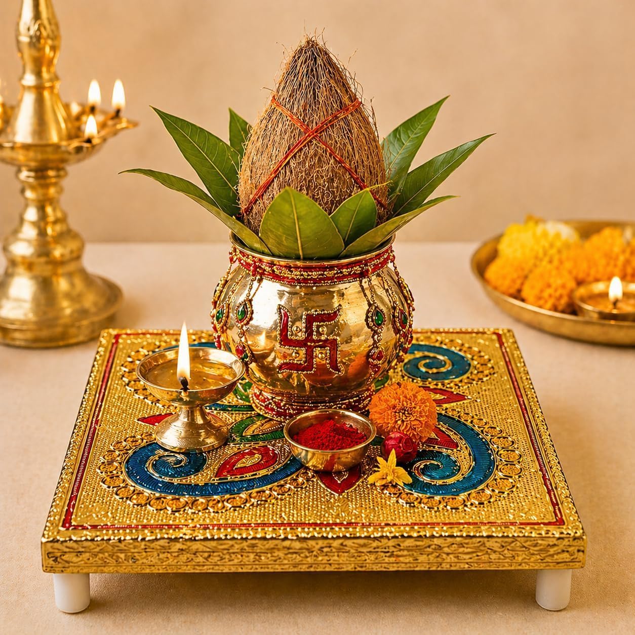 Wooden Pooja Chowki, Hand-Painted Meenakari Bajot Stool, Traditional Mandir Platform for Pooja, Festivals & Home Decor, 4x4 Inch