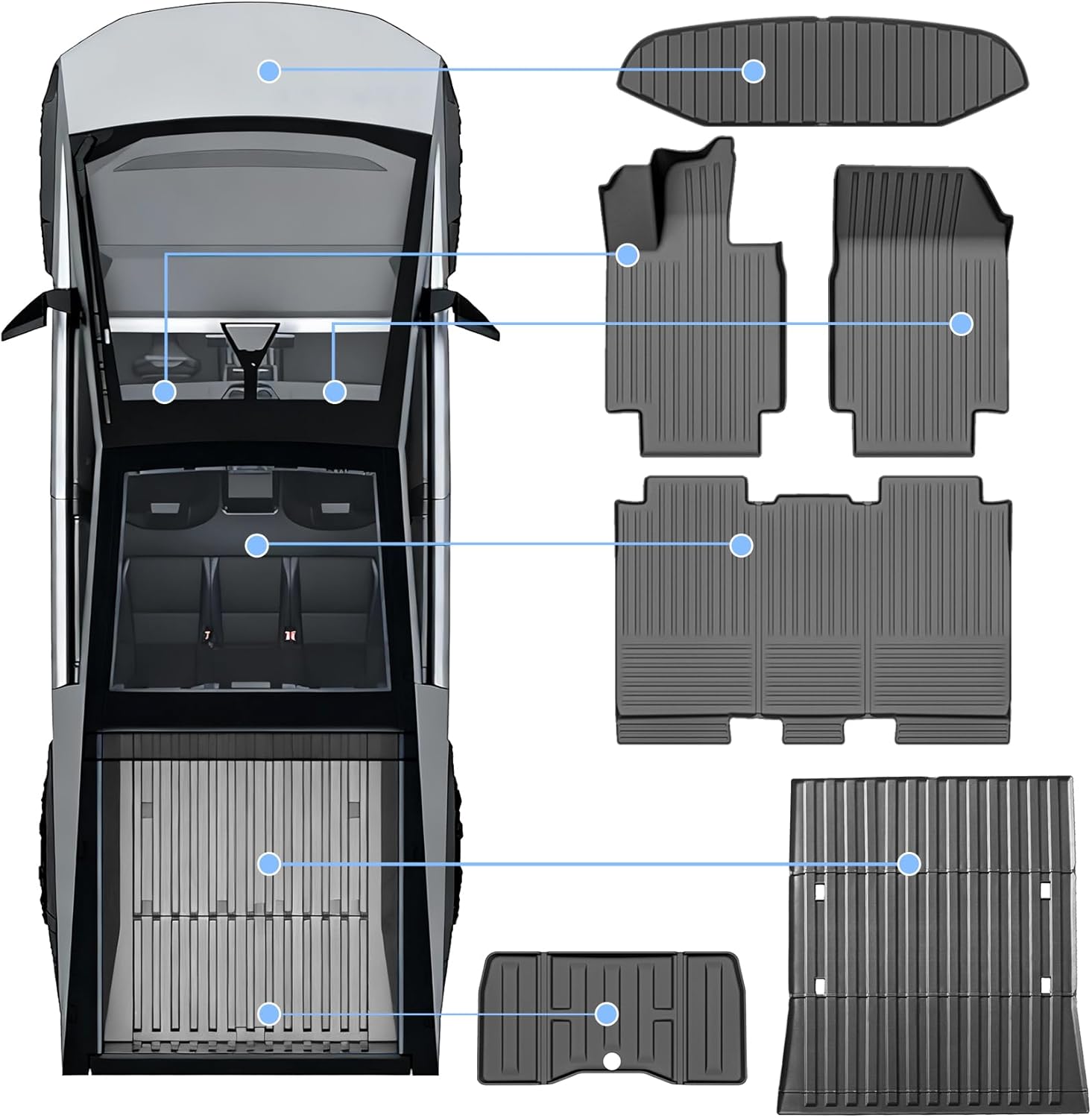 PM Auto Floor Mats Compatible with Tesla Cybertruck 2024-2026 TPE All-Weather 1st & 2nd Row Car Floor Mat Full Set Custom Fit Front and Rear Cargo Trunk Liners Truck Bed Mat Waterproof 6PCS