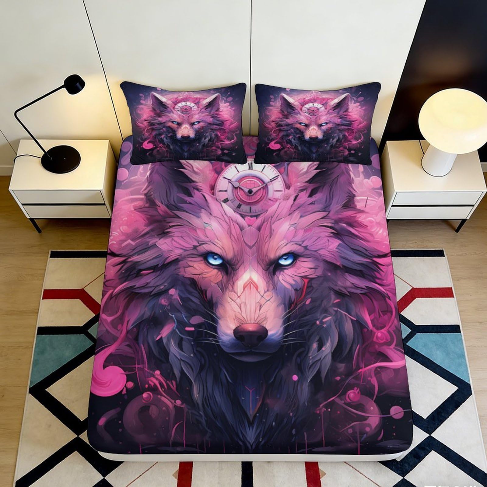 3D Printed Mystic Pink Wolf Fitted Sheet Microfiber Breathable Abstract Art Mattress Cover for Bedroom Dormitory Guest Room Decor Protection 180x200x25cm
