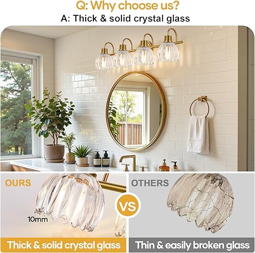 Vista 5 de Lámparas de baño de 4 luces, luces de tocador de 27 pulgadas de oro cepillado para baño con pantalla de tulipán transparente acanalado, accesorios
