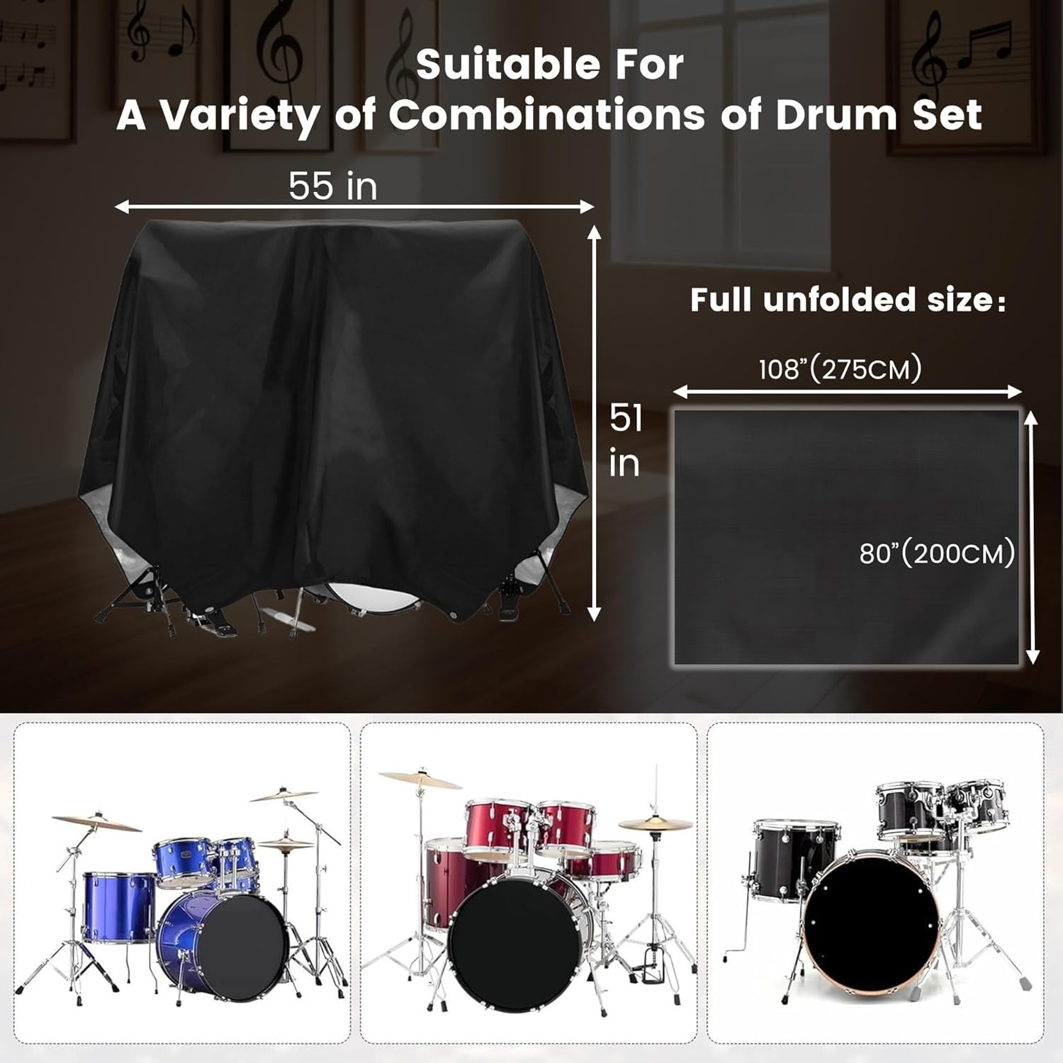 BENVOL Drum Set Dust Cover - Waterproof 420D Oxford Fabric with UV Protection & Drawstring, Extra Large 78x106 Inches for Drum Kit Protection, Stage & Storage Use