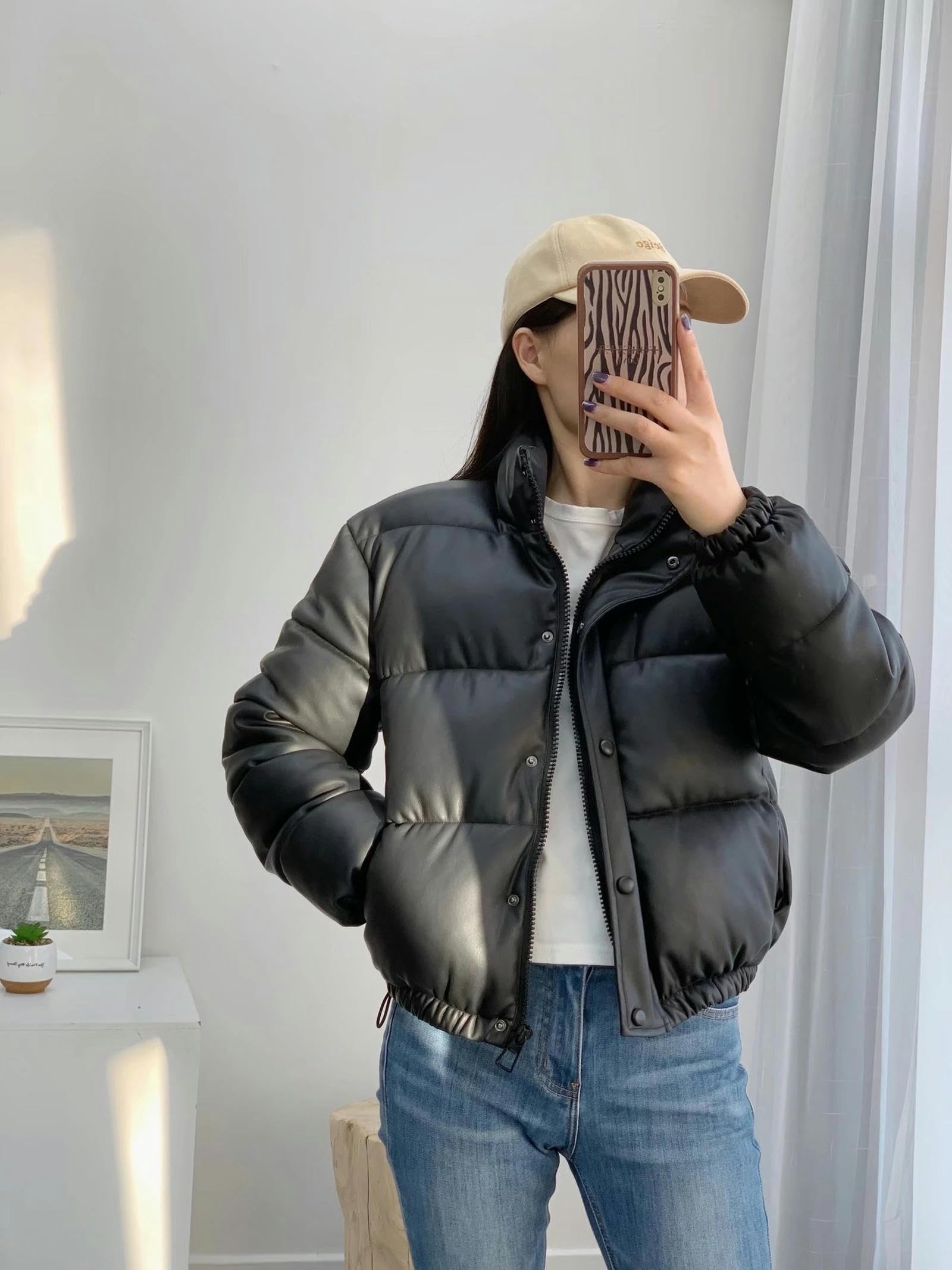 Chaqueta de algodón suelta con cuello alto para chicas calientes chaqueta de cuero de PU cálida gruesa
