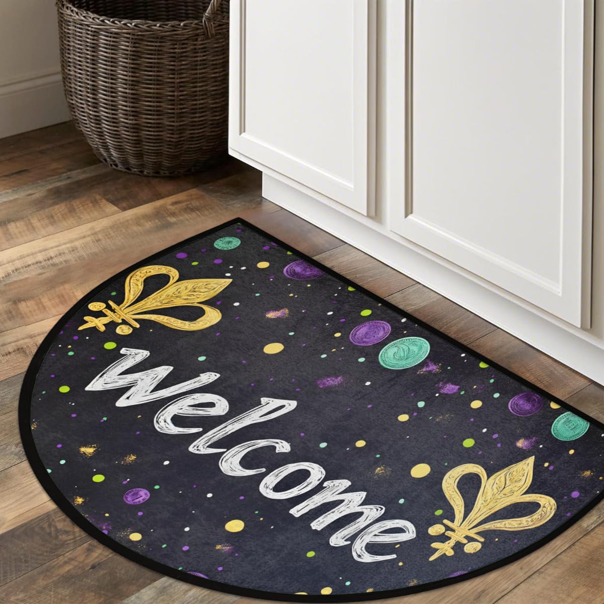 Front Door Mat Indoor Outdoor Entrance, Mardi Gras Fleur De Lis Half Round Door Mat Absorbent Non-Slip Backing Welcome Doormat Patio Entryway Low Profile Floor Mats for Kitchen Fireplace 36" x 24"