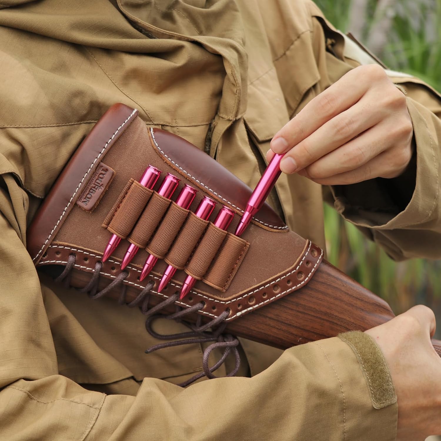 TOURBON Canvas Leather Recoil Reducing Pad Stock Extension Cover Buttstock Cheek Rest with Rifle Shell Holder