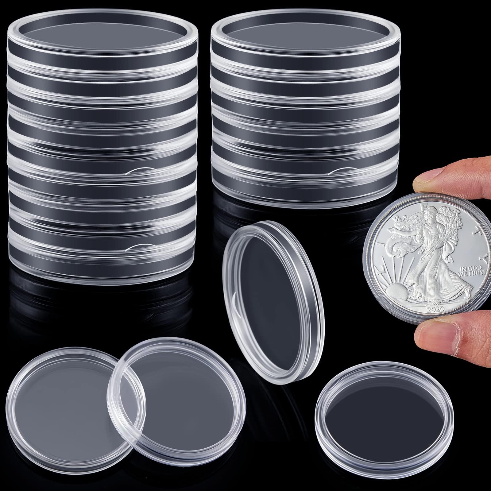 Yookeer 30 Pcs 40.6 mm Silver Eagle Coin Holder Silver Bar Capsule Holders Coin Capsules for Collection Bar, Round