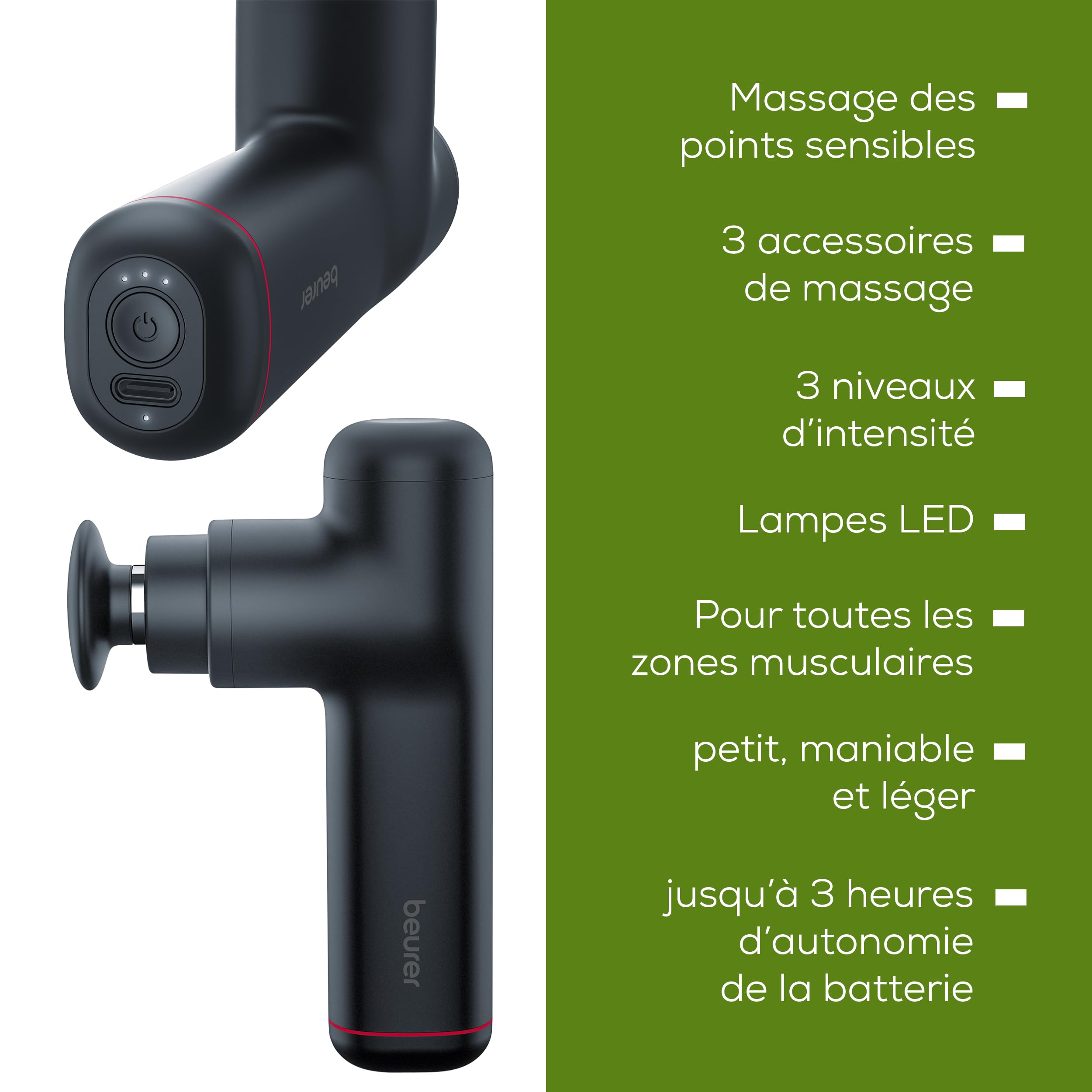 Beurer MG 79 Pistolet de sensible compact avec 3 embouts, doux des points de déclenchement pour les zones sensibles du corps, appareil de musculaire pratique avec 3 niveaux