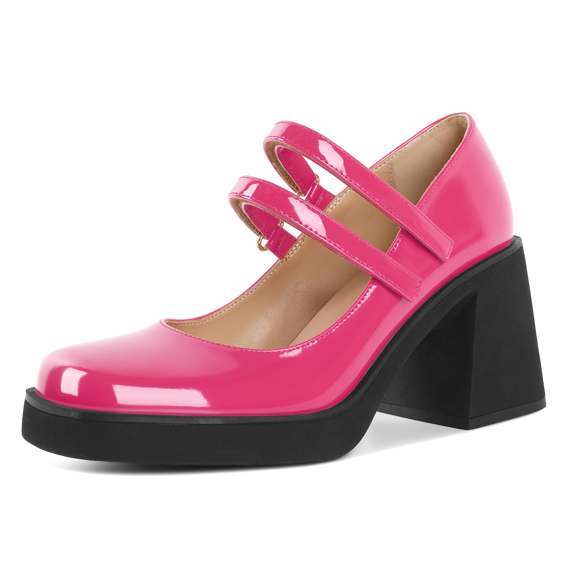 SAMMITOP Women's Platform Mary Jane Pumps Strap Square Toe Chunky Block High Heels Fashion Wedding Party Shoes 3.5 Inch