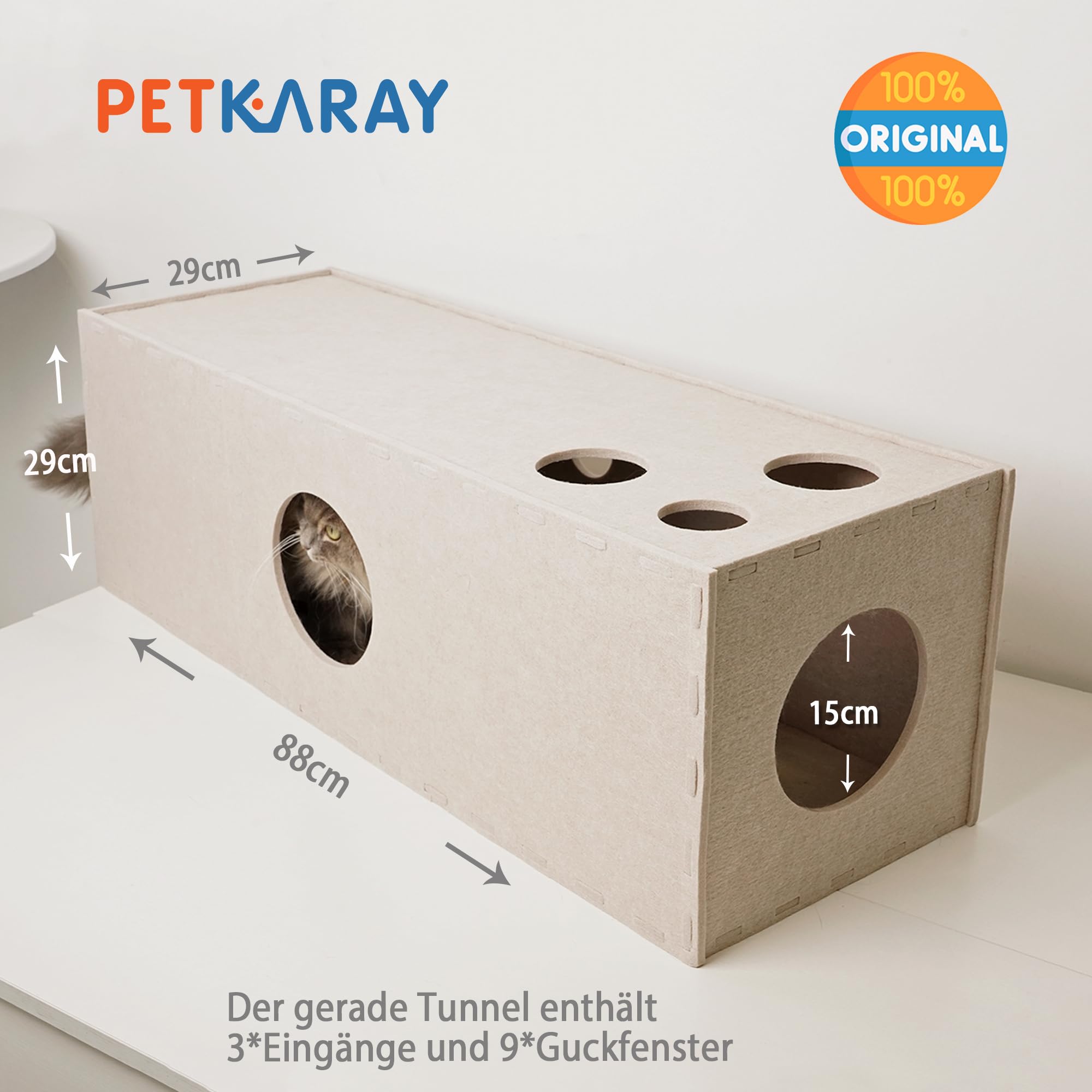 PETKARAY Katzentunnel, Original Katzenversteck Höhle für Indoor-Katzen, große Kätzchen-Spielröhren und Tunnel, weiches Filz-Katzenspielzeug mit interaktivem Guckloch