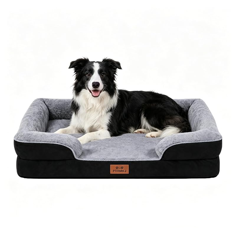 Cama para cachorro grande com espuma viscoelástica e laterais elevadas PTHMKJ, preta, 91,44 x 68,58 x 17,02 cm
