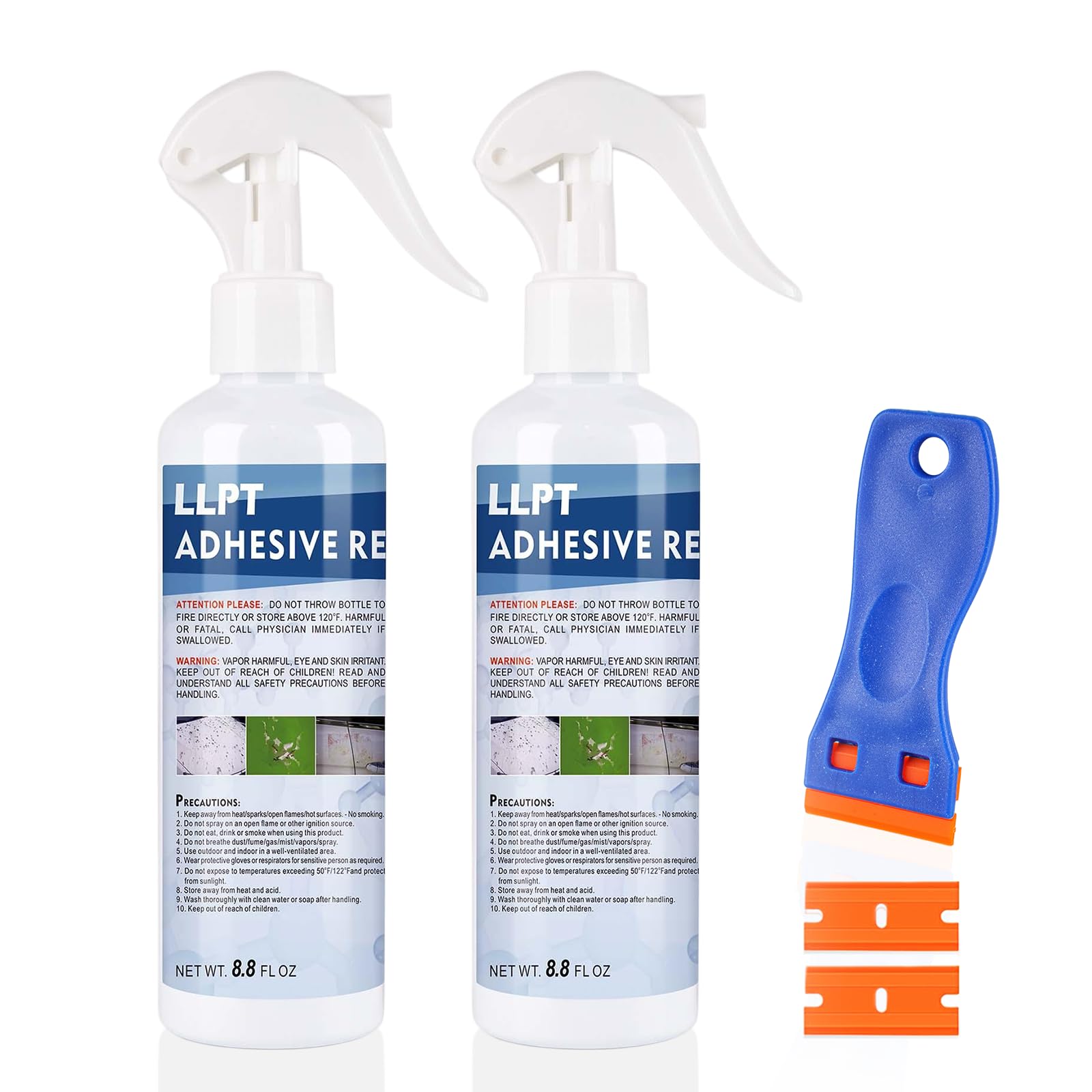 LLPT Rimuovi Colla | Spray Rimuovi Etichette | 260 ml | 2 Pezzi | Raschietto di Plastica Incluso | Adesivi Decalcomanie Residui di Nastro Adesivo Catrame Grasso Gomme da Masticare (49503A-2)