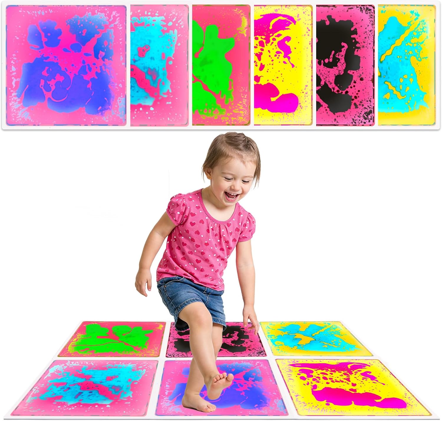 Sensory Liquid Floor Tiles for Kids: Liquid Fusion Activity Mat 4 Pack with One-Piece Glue-Free Sealing - Autism Toddler Must Haves Educational Sensory Water Play Mats Indoor（12x12inch）