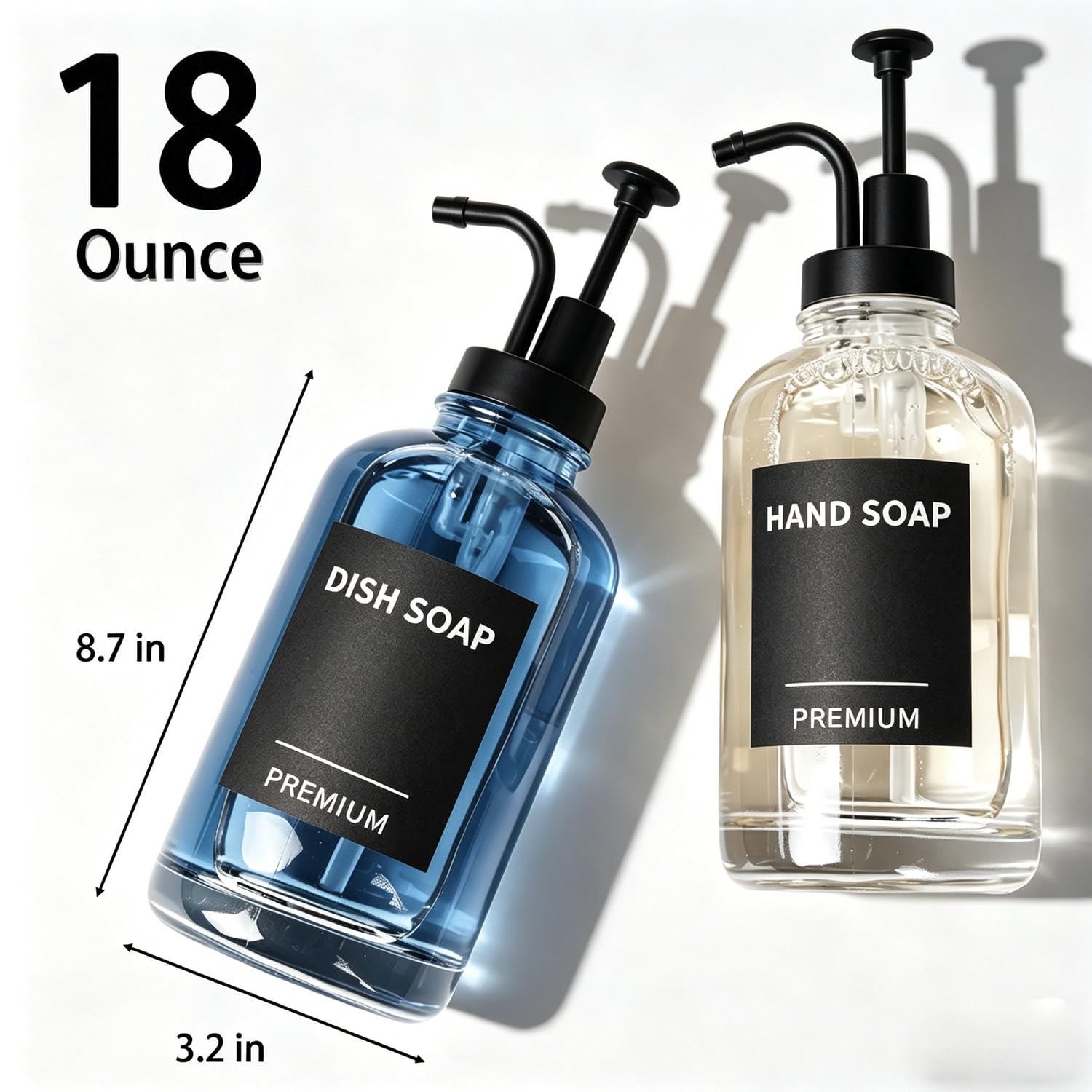 Dispenser di sapone per piatti da cucina, dispenser di sapone a mano in vetro con pompa, vassoio, imbuto per bagno, doccia, lavanderia, liquidi, lozioni (confezione da 2 bottiglie trasparenti da 510