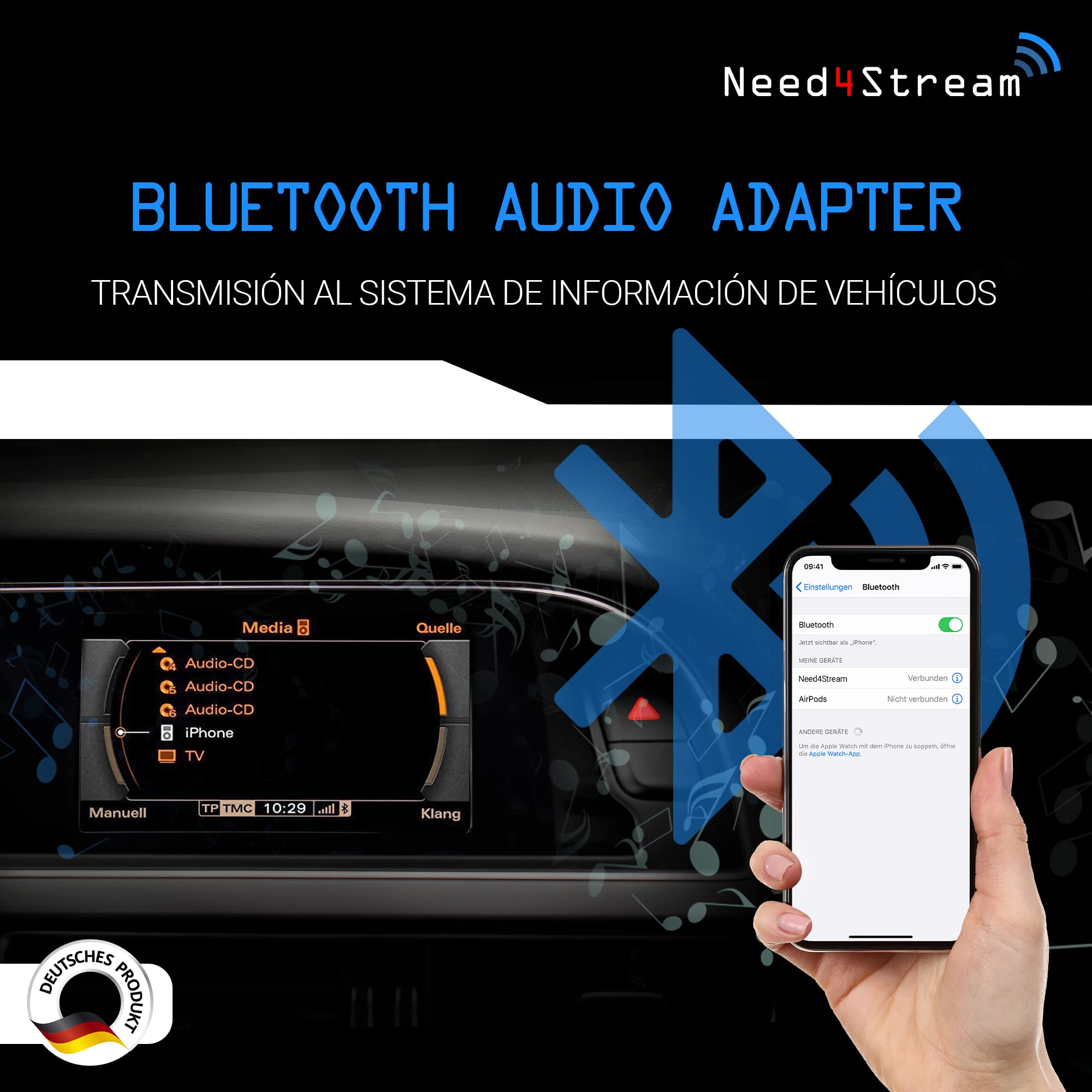 Interfaz de Audio Bluetooth con Listas de Canciones, N4S300A-2G A2DP, Compatible con Audi Music Interface y MMI 2G, Apto para iPhone y Smartphone Android