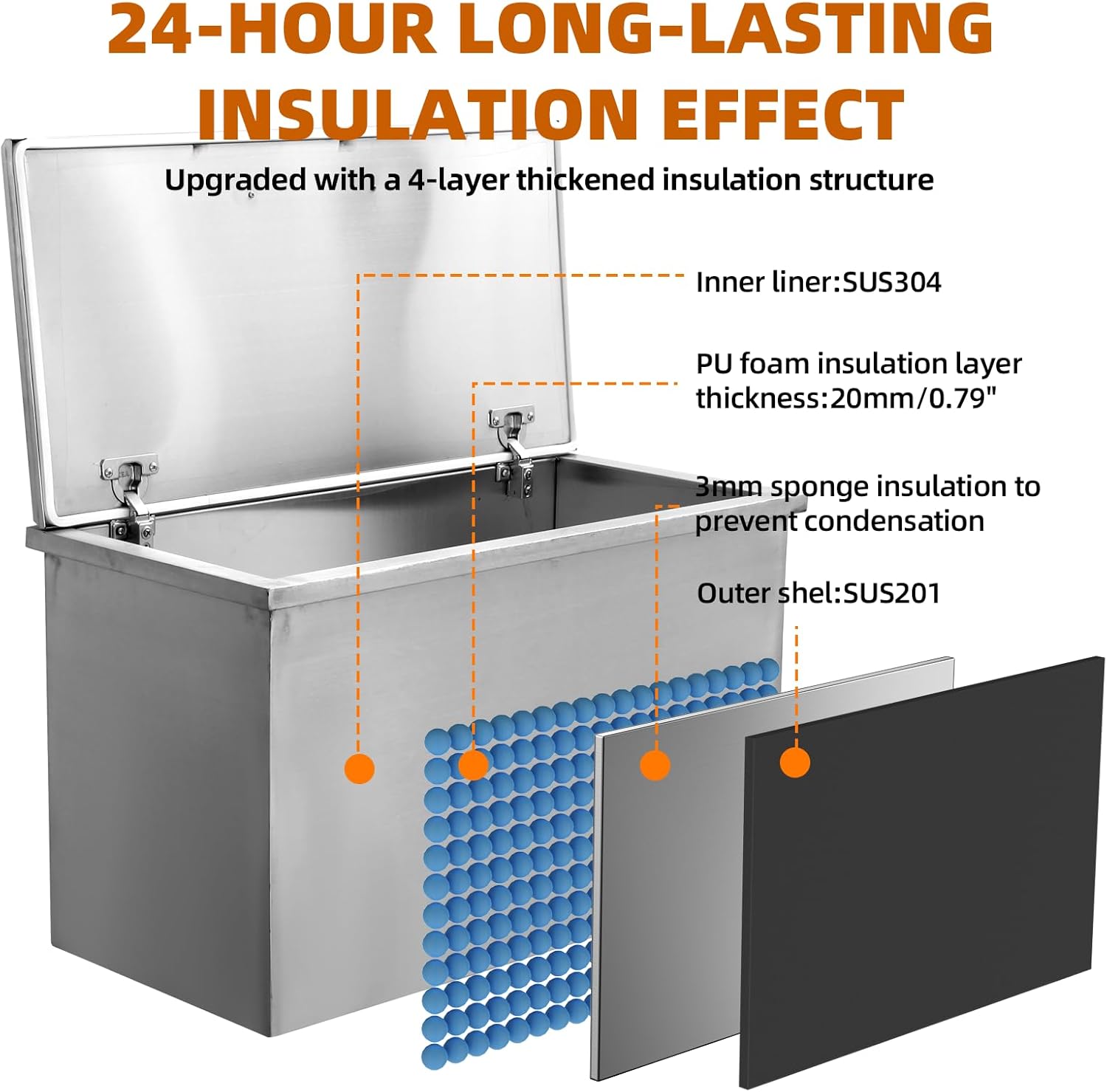 GarveeLife Drop in Ice Chest, 28" L x 14" W x 17" H Stainless Steel Ice Cooler, Commercial Ice Bin with Hinged Cover, Outdoor Kitchen Ice Bar, Drain-Pipe and Drain Plug Included, for Cold Wine Beer