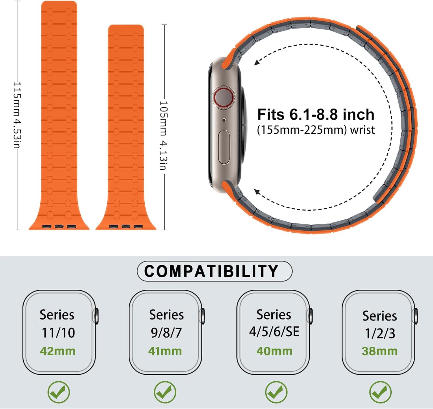 Amizee Magnetic Bands Compatible with Apple Watch Band 49/46/45/44/42/41/40/38mm Women Men, Sport Silicone Strap for iWatch Ultra 3/2/1 Series 11 10 9 8 7 6 5 4 SE3/2/1 (42/41/40/38, Orange Mid) - Image 6