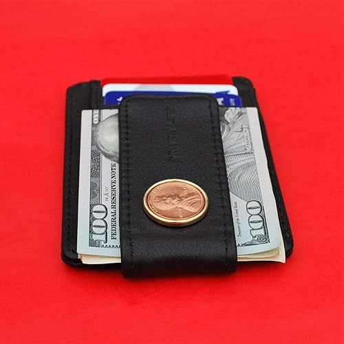 Miniatura 3 de US 1948 Lincoln Penny BU Uncirculated 1 Cent Coin Genuine Full-Grain Black Leather Magnetic Money Clip Wallet & Card Holder RFID Blocking