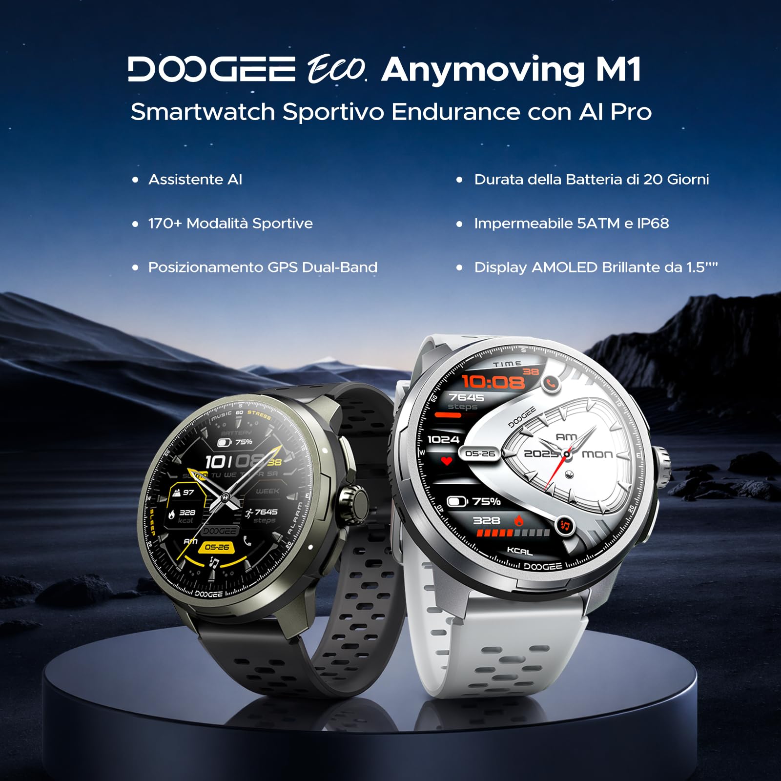 ANYMOVINGM1-Nero Smartwatch fitness uomo GPS dual-band, 170+ sport, Assistente AI, AMOLED 1,5", 20 giorni, 5ATM+IP68