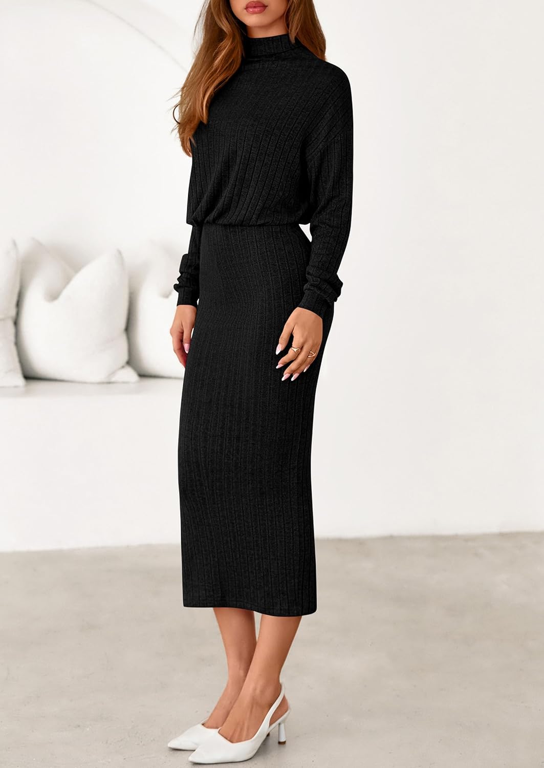 PRETTYGARDEN Turtle Neck Dresses for Women 2026 Fall Knit Outfits Slit Elastic Waist Long Sleeve Bodycon Midi Sweater Dress - Image 5