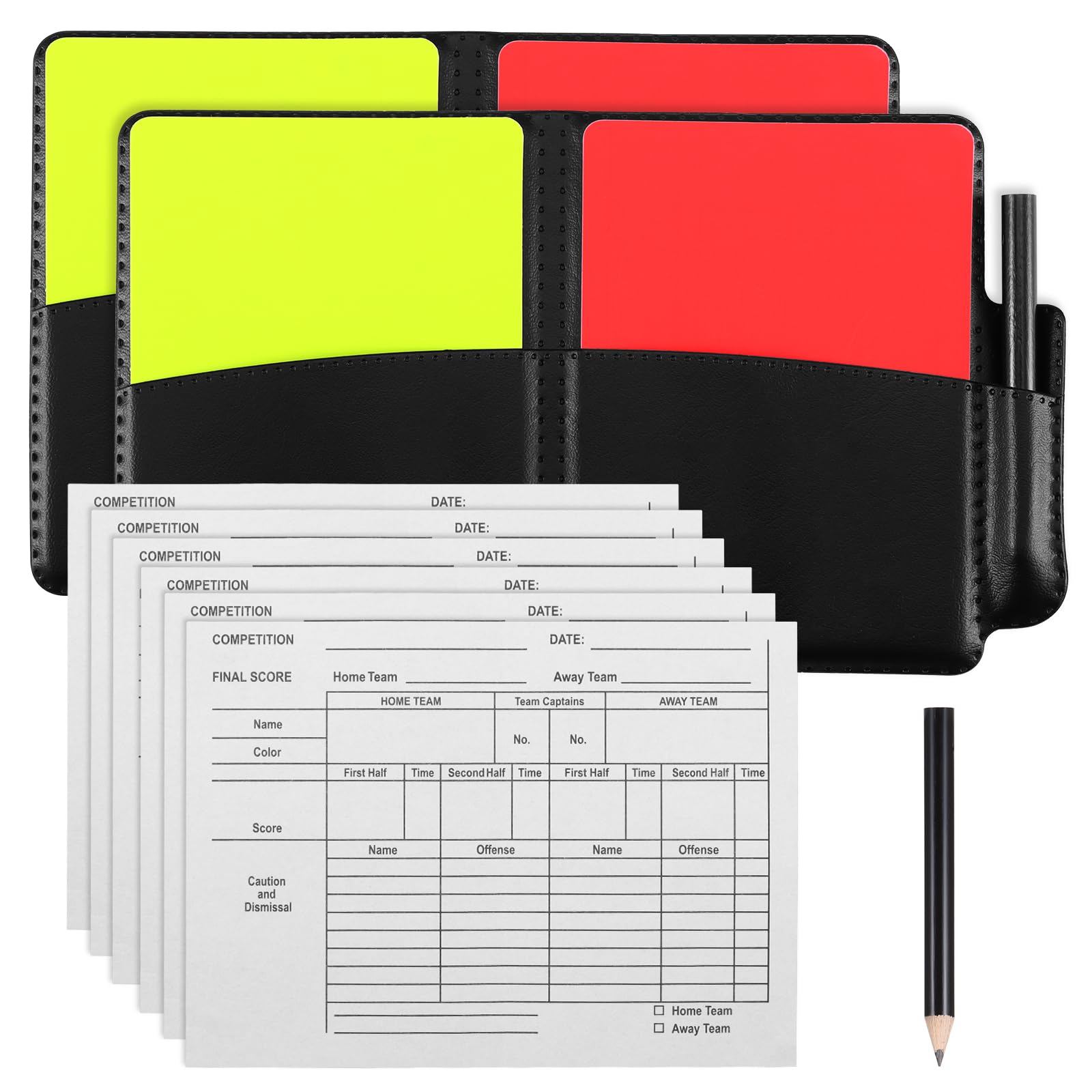 Juego de tarjetas de árbitro de fútbol rojo y amarillo con papeles de registro y hoja de puntuación