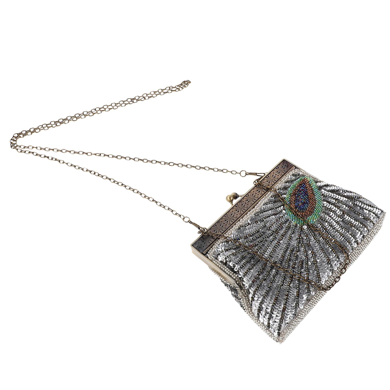 Vintage Pailletten Clutch mit Perlenbesatz Handgefertigte Abendtasche mit Pfauenmotiv Kompakte Bankett Schultertasche für Damen Elegantes Accessoire für Hochzeit und Party