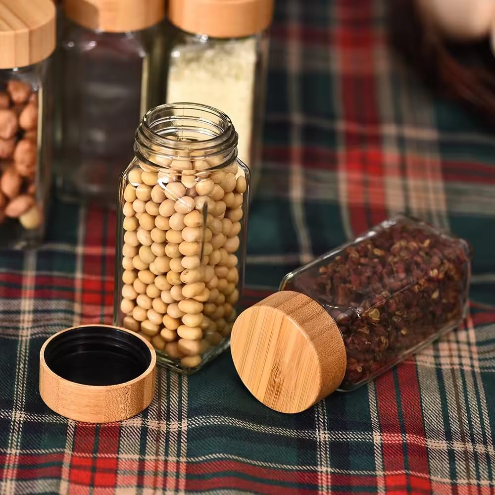 ARUZEN Glass Spice Jars with Bamboo, 120 ML Seasoning Containers Set, Spice Containers with Shaker Lids, Empty Glass Seasoning Jars, Spice Bottles Storage Refillable, Seasoning Organizer Kitchen (4)