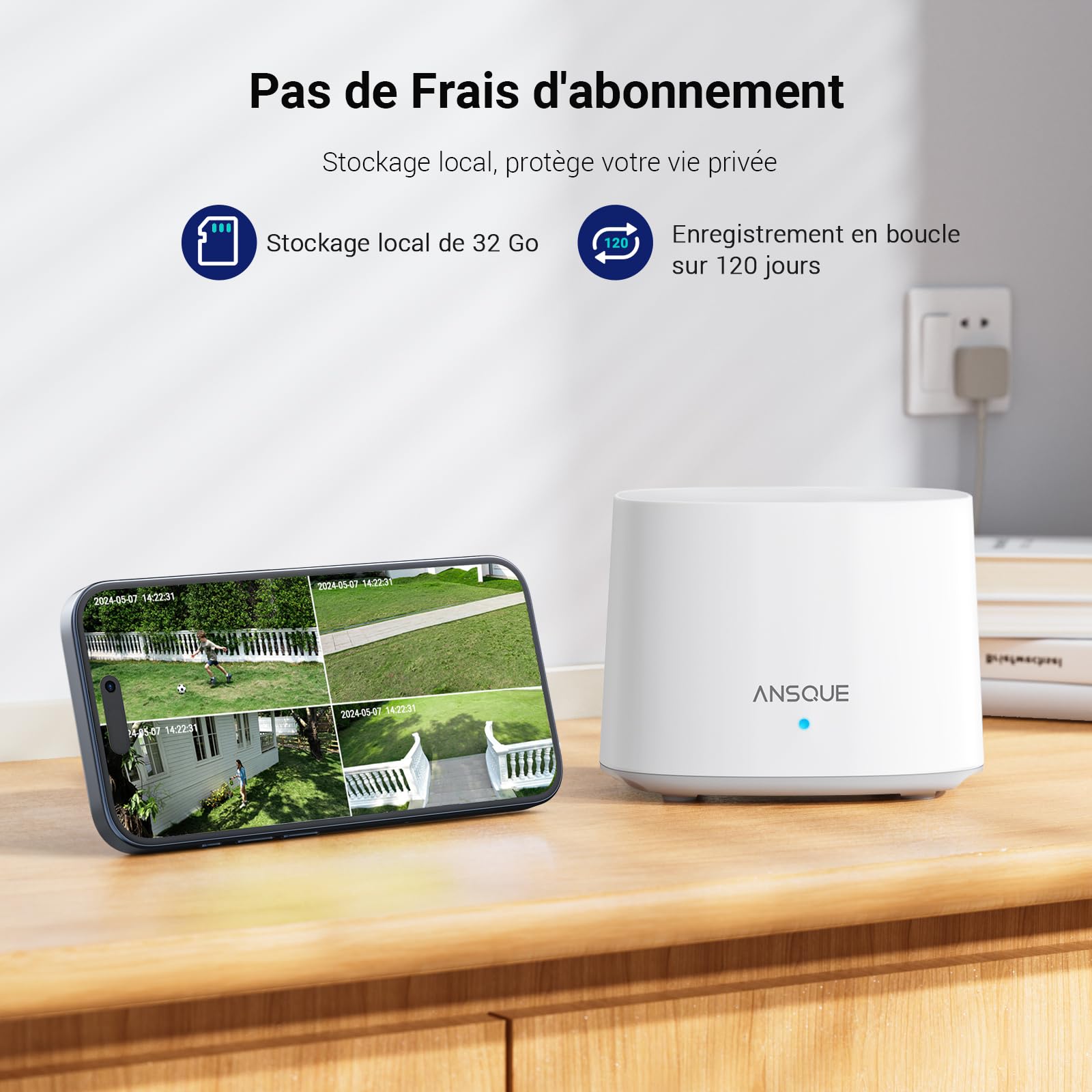 ANSQUE 2K 3MP Camera Surveillance WiFi Exterieure sans Fil Solaire – Batterie 365 Jours, Kit 4 Cam + Home Station, 32 Go Stockage Local sans Abonnement, AI Détection Humaine, Vision Nocturne Couleur