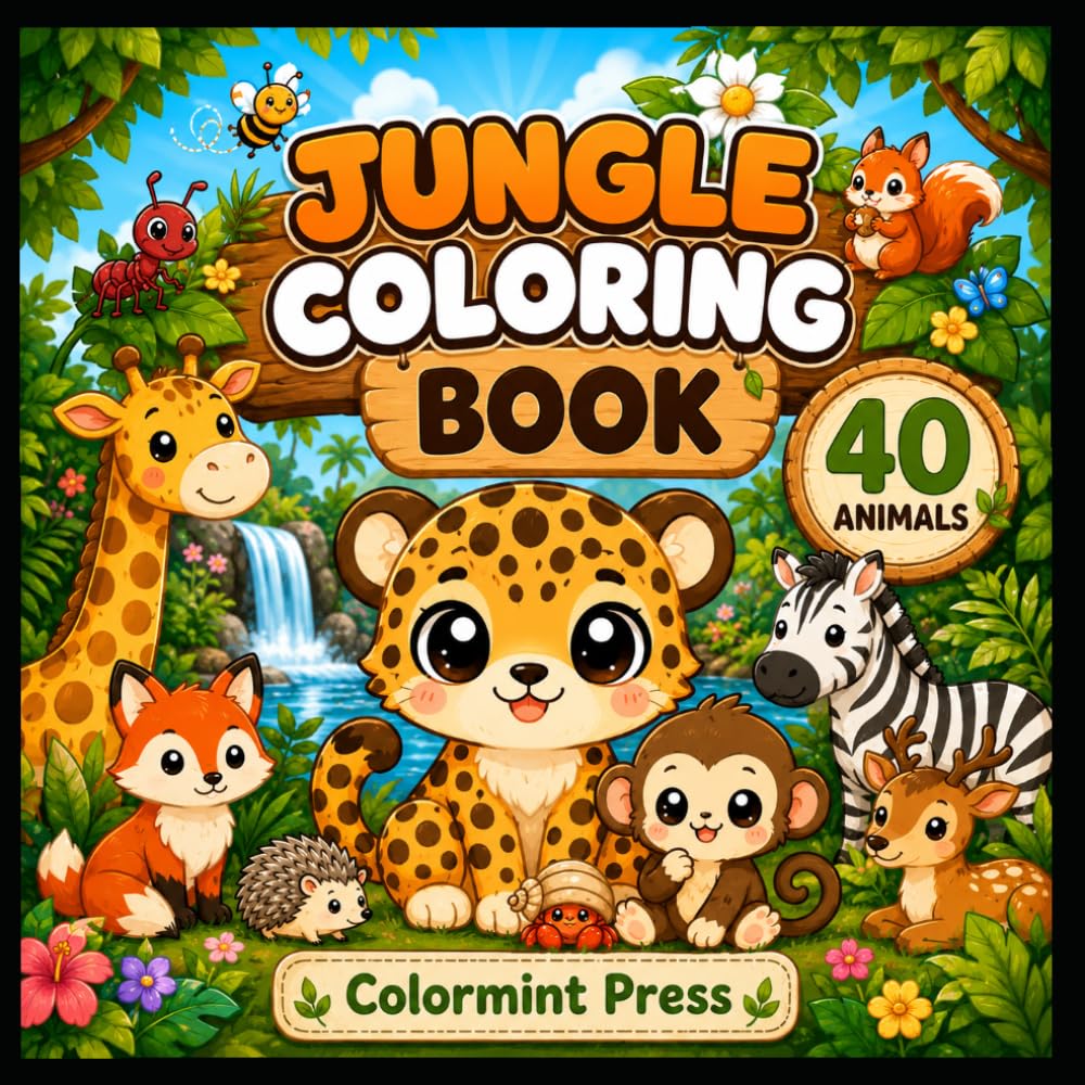 Jungle Animals Coloring Book for Kids: 40 Fun & Easy Jungle Animal Coloring Pages with Bold Outlines, Educational Facts & Simple Activities for Toddlers, Preschoolers & Kids Ages 2–8