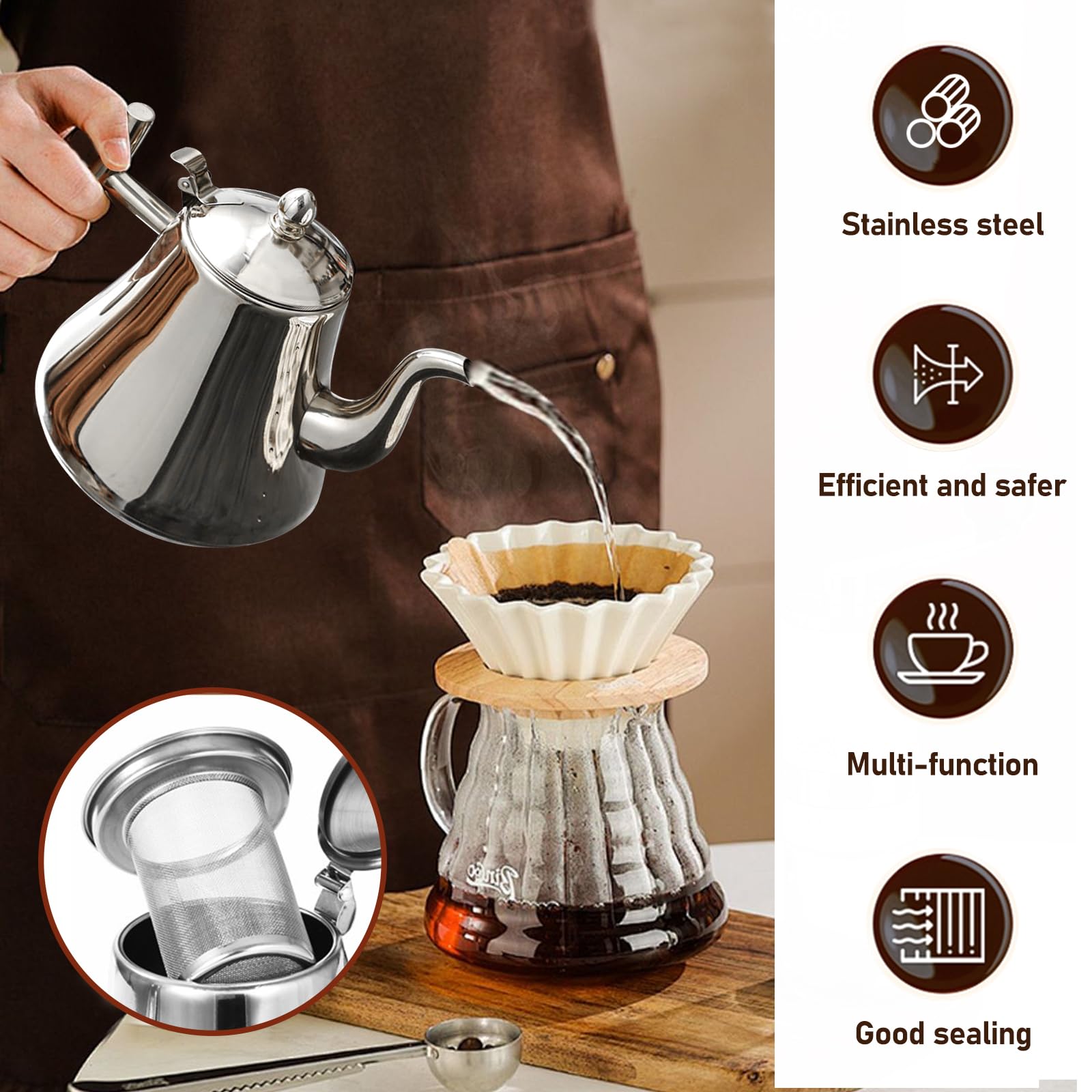 Theiere con infusore 1L - Teiera in acciaio inossidabile con filtro, Theiere Induction per bustine di tè e tè alla rinfusa, compatibile con piastre a induzione
