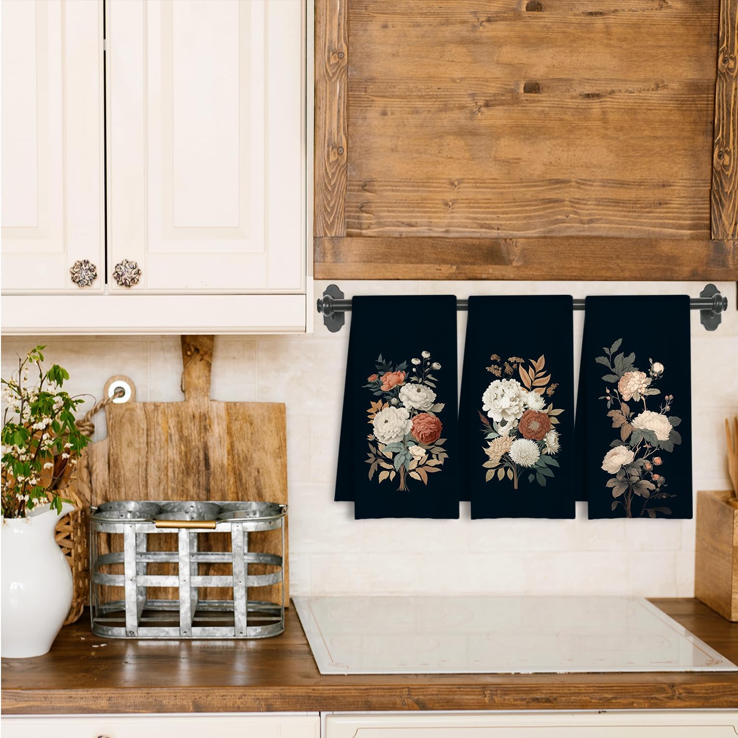 Vintage Peony Floral Kitchen Towels, Rustic Elegant Botanical Dish Tea Towels, Dark Cottagecore Peony Flower Decorative Hand Towel for Bathroom Kitchen, 16x24 Inch Set of 3 - Image 2