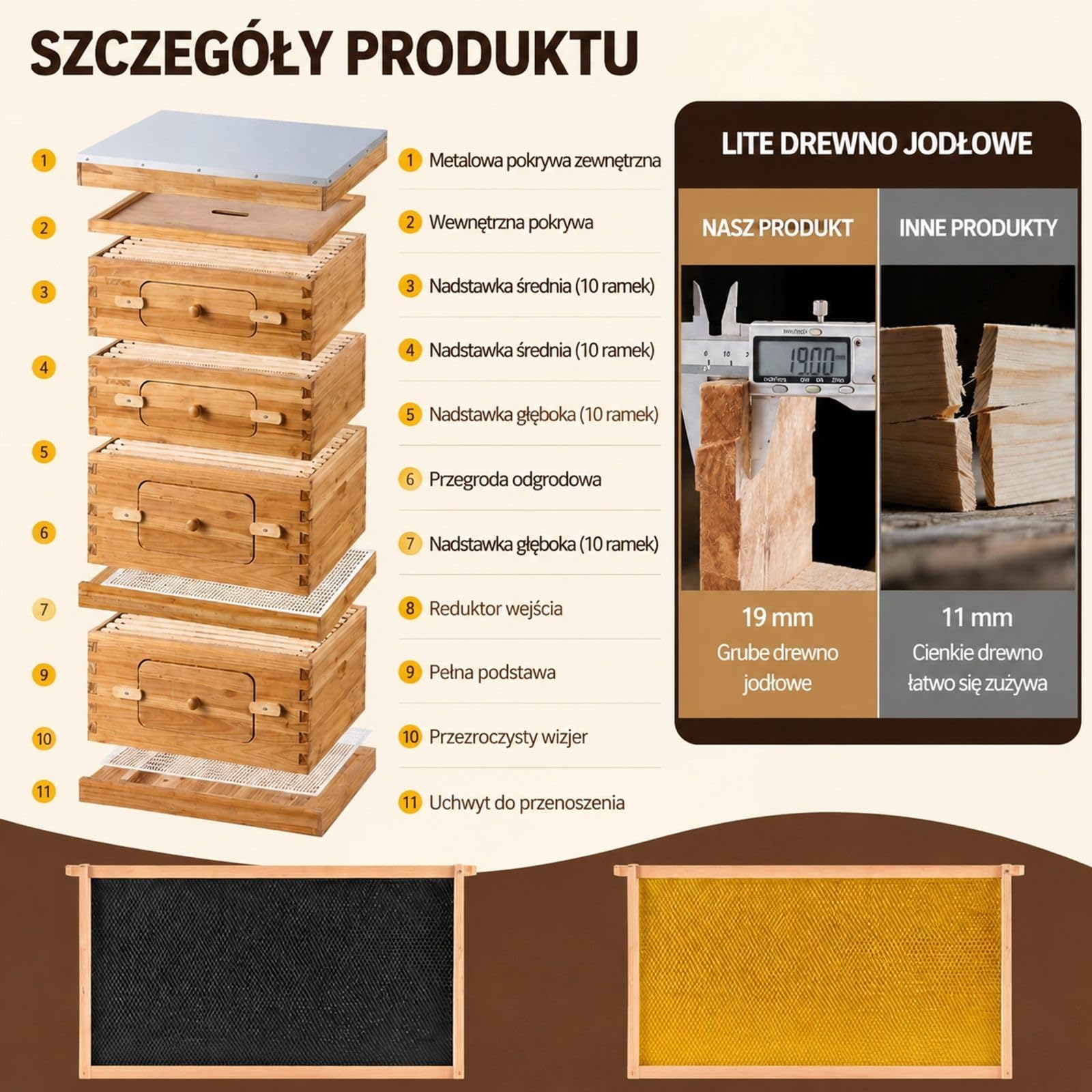 Drewniany ul pszczeli z 40 ramkami, 2 głębokimi i 2 średnimi korpusami, przezroczyste okna akrylowe z węzą