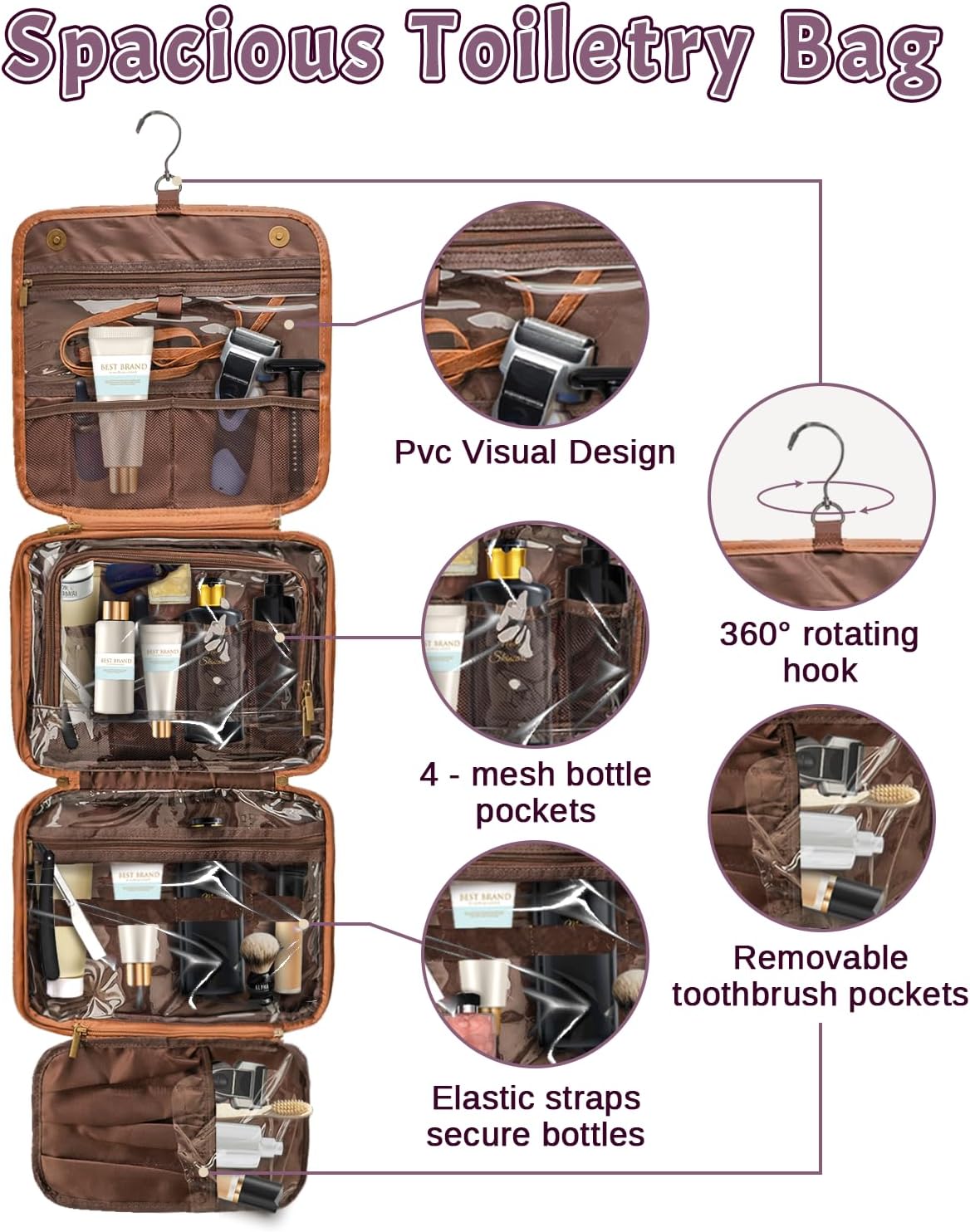 Large Personalized Toiletry Bag For Men, Custom Engraved Leather Travel Organizer Bag, Engraved Name Waterproof Travel Kit & Gifts for Him Husband Father (Father's Day, Christmas)