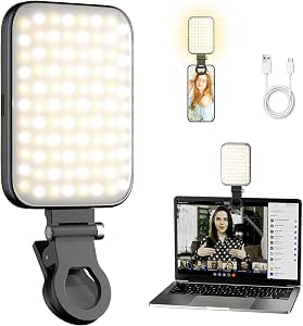 Selfie Light for iPhone, Laptop & Phone – Rechargeable Clip-On Ring Video Light with Digital Display, 3 Light Modes & 10 Brightness Levels