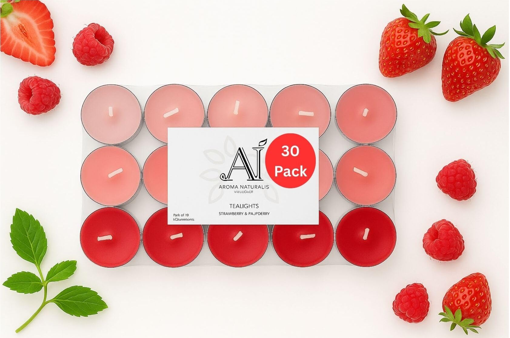 Aroma Naturals London Scented Tealight Candles Bag | 4 Hour Burn Time | Standard Size D3.77 x H1.45cm | Three Tone Coloured Wax & Aluminium Cups | Pack of 30 Tea Lights Scent (Strawberry & Raspberry)
