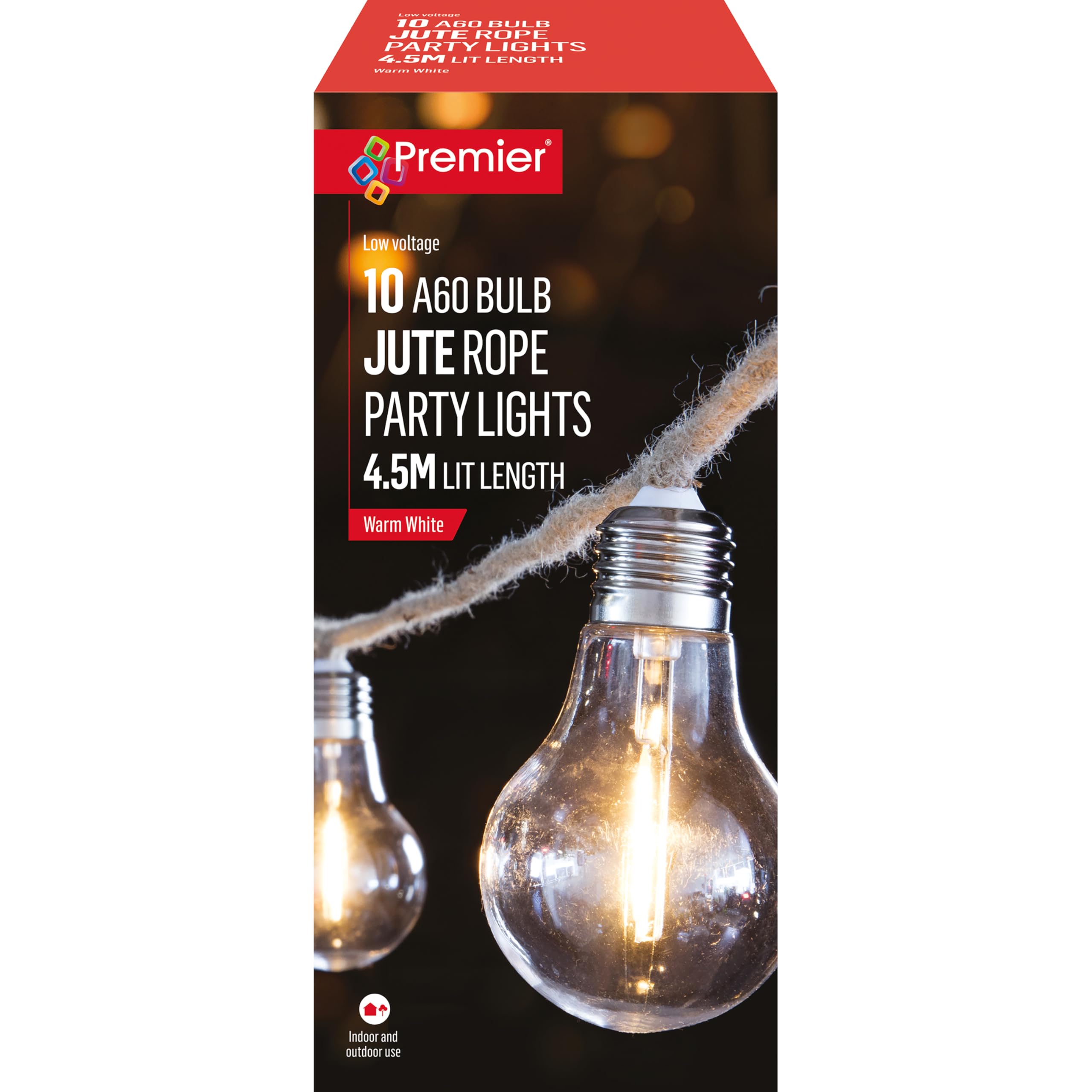 Raraion Warm White Premier - 10 Jute Rope Party Lights, A60 Bulb, Leds, 4.5M