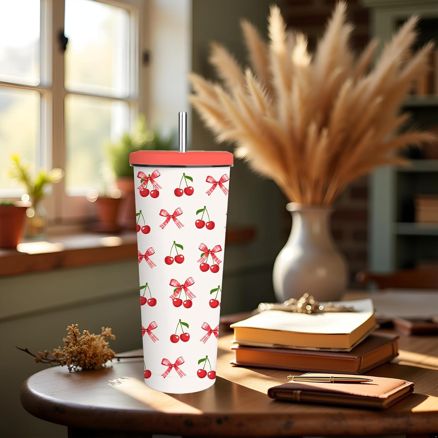 Cute Cherry Coquette Bow Gifts Coffee Tumbler Cup 24oz with Lid Cherries Festival Gifts for Cherry Lovers Girls Women Sister - Image 2