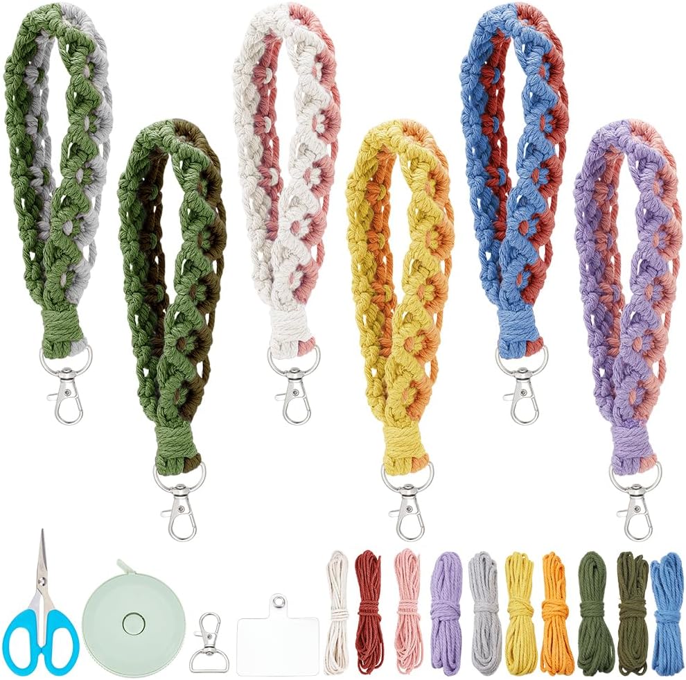 PLIGREAT 6 Sets Macrame Wrist Keychain kit Handmade Colorful Macrame Lanyard with Instruction for Phone Key Handbags Purse Decor Women Phone Wrist Strap Adult DIY Craft