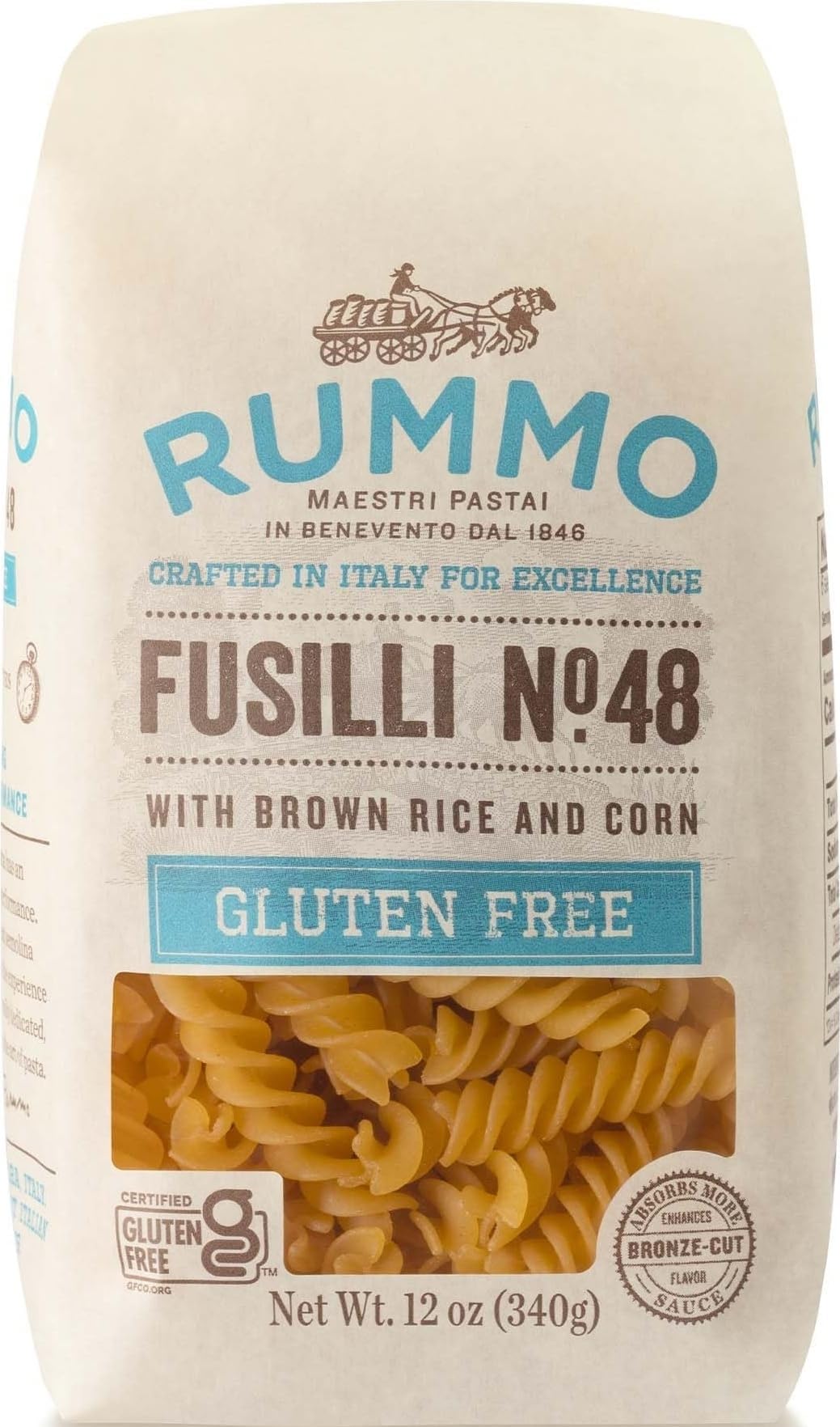 Rummo Gluten Free Fusilli N.48 - Gluten Free Fusilli Pasta Noodles, Made with Brown Rice & Corn, Pasta from Italy - 12 Ounce (Pack of 1)