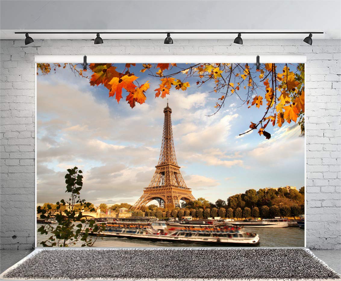 Leyiyi 7x5ft Autumn Eiffel Tower Backdrop Paris National Park Marple Leaves Waterside Garden Boat France Landmark Photo Background European Vlogger