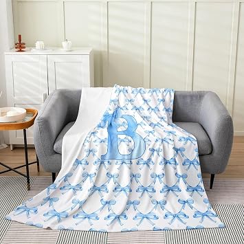 jejeloiu Kawaii Blue Bow Flannel Fleece Throw Blanket Personalized Initial B Twin 60"x80" Monogrammed Fleece Throw Blanket Cute Coquette Bow Knot for Bed Couch Chair Living Room