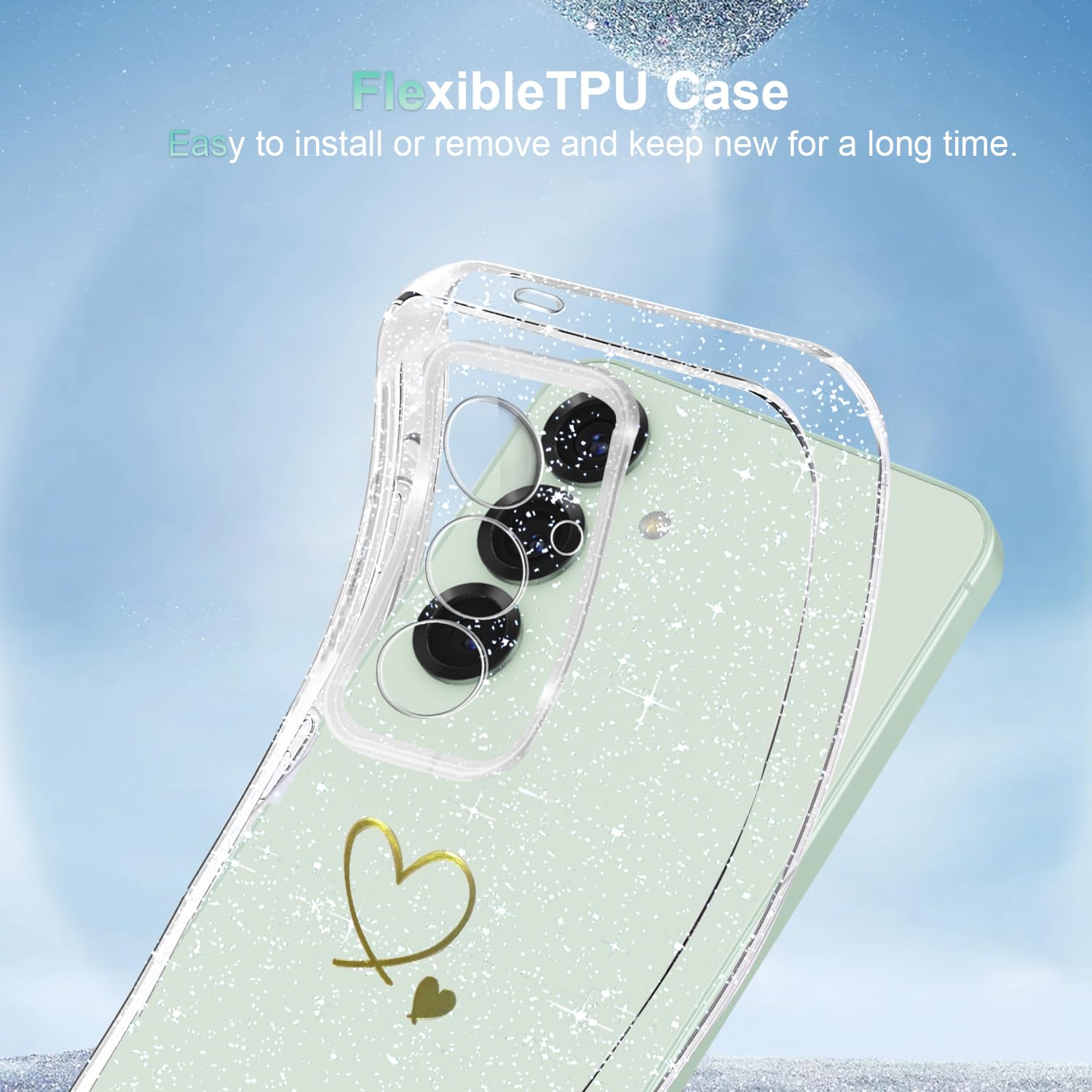 Cover Compatibile con Samsung Galaxy S25/ Samsung Galaxy S24 5G, con 3 Pezzi Vetro Temperato Pellicola Protettiva, Glitter e Antimpronta Custodia, Antigraffio e Morbido Caso - Trasparente