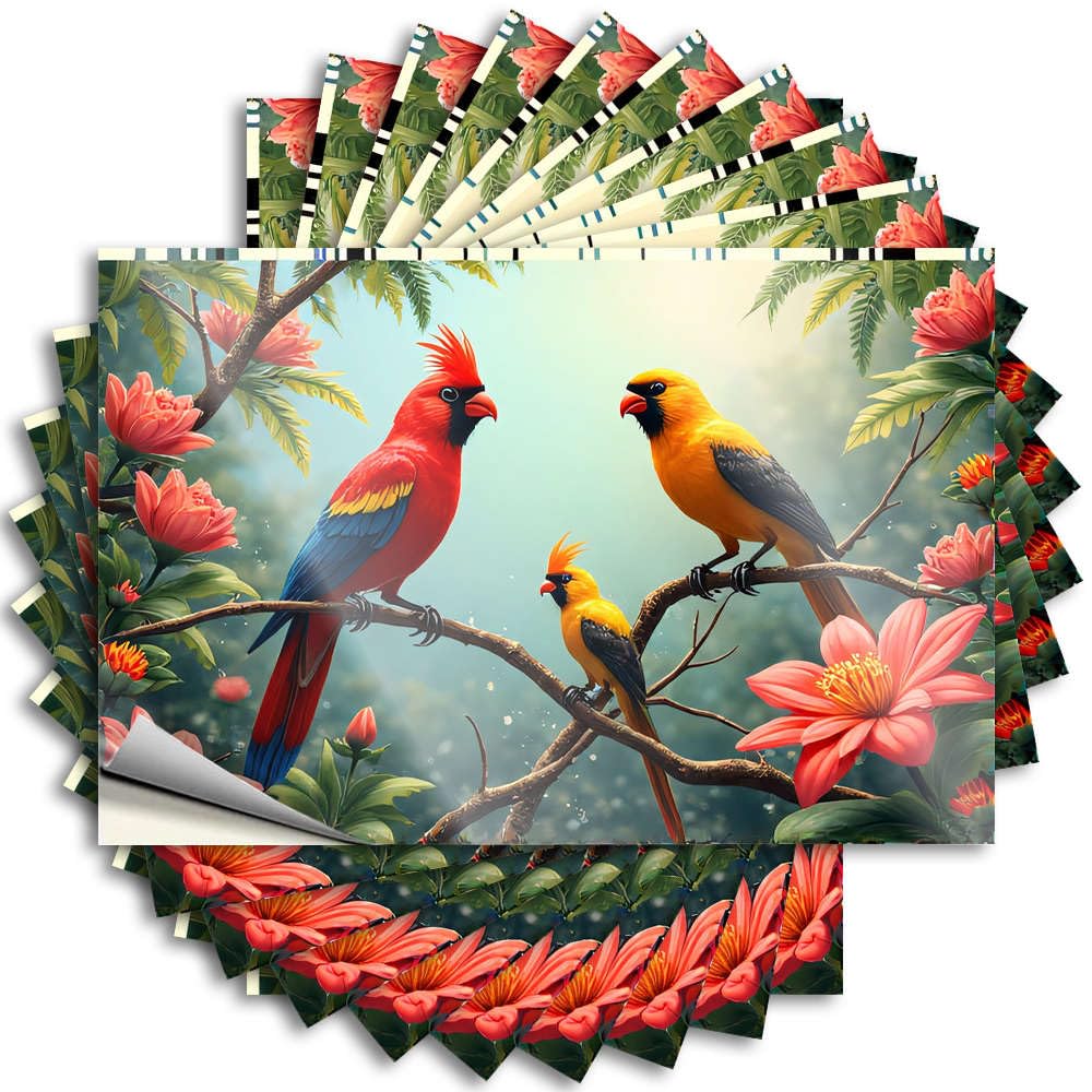 Decal Tiki Peel and Stick - Colorful Birds Perched On Branches Surrounded By Vibrant Flowers Bumper Fluffy Waterproof Vinyl for Farmers(8X12CM)