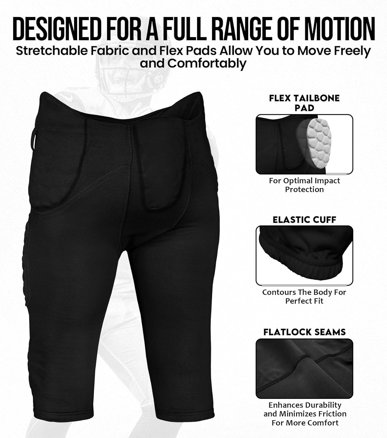 Exxact Sports Rebel Mens Integrated Football Pants with Built-in Pads, Lightweight Football Practice Pants with Lace-up Fly